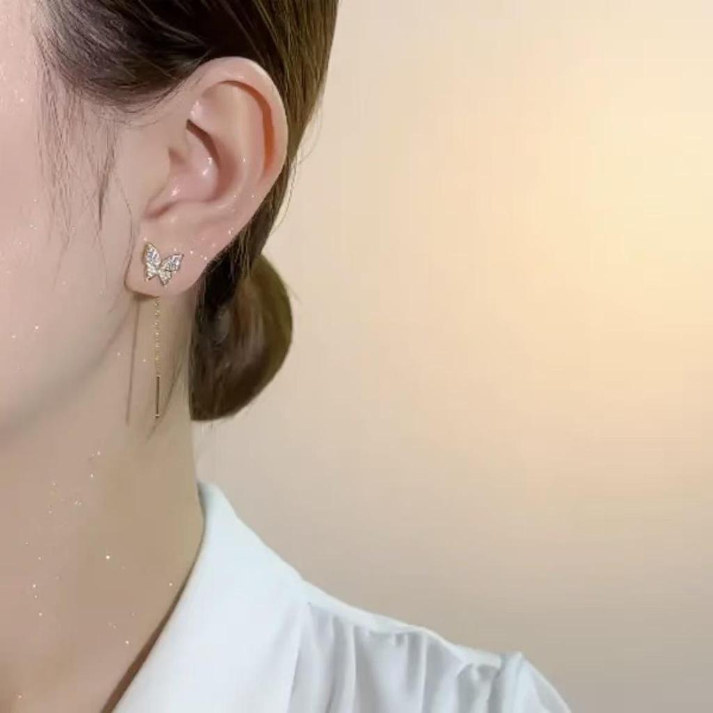 Exquisite Gold Rhinestone Butterfly Tassel Earrings - Classic Luxury with Zircon Detailing