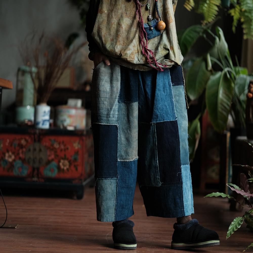 Johnature Women Blue Patchwork Wide Leg Pants Elastic Waist Spring Trousers Loose Vintage Calf Length Pants