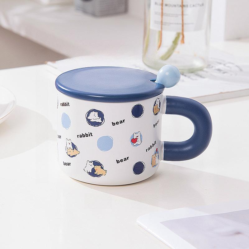 

Cartoon Style Ceramic Cup High Looking Bear Rabbit Dog Mug with Lid Spoon Girl Work Drinking Water Cup Breakfast Cup Y22935YY-301-400ml