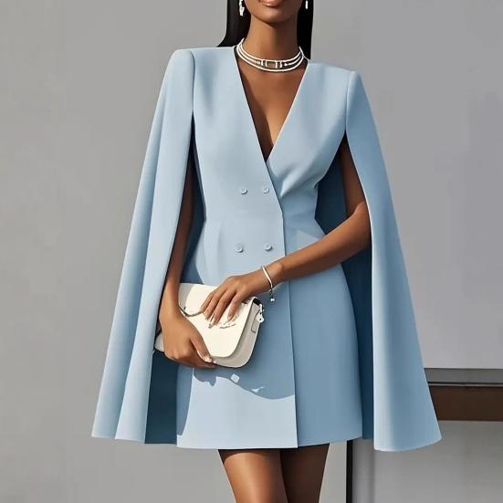 Blazer Dress for Women V Neck Cape Blazer Split Sleeve Casual Business Mini Dress Double Breasted Office Work Outfits