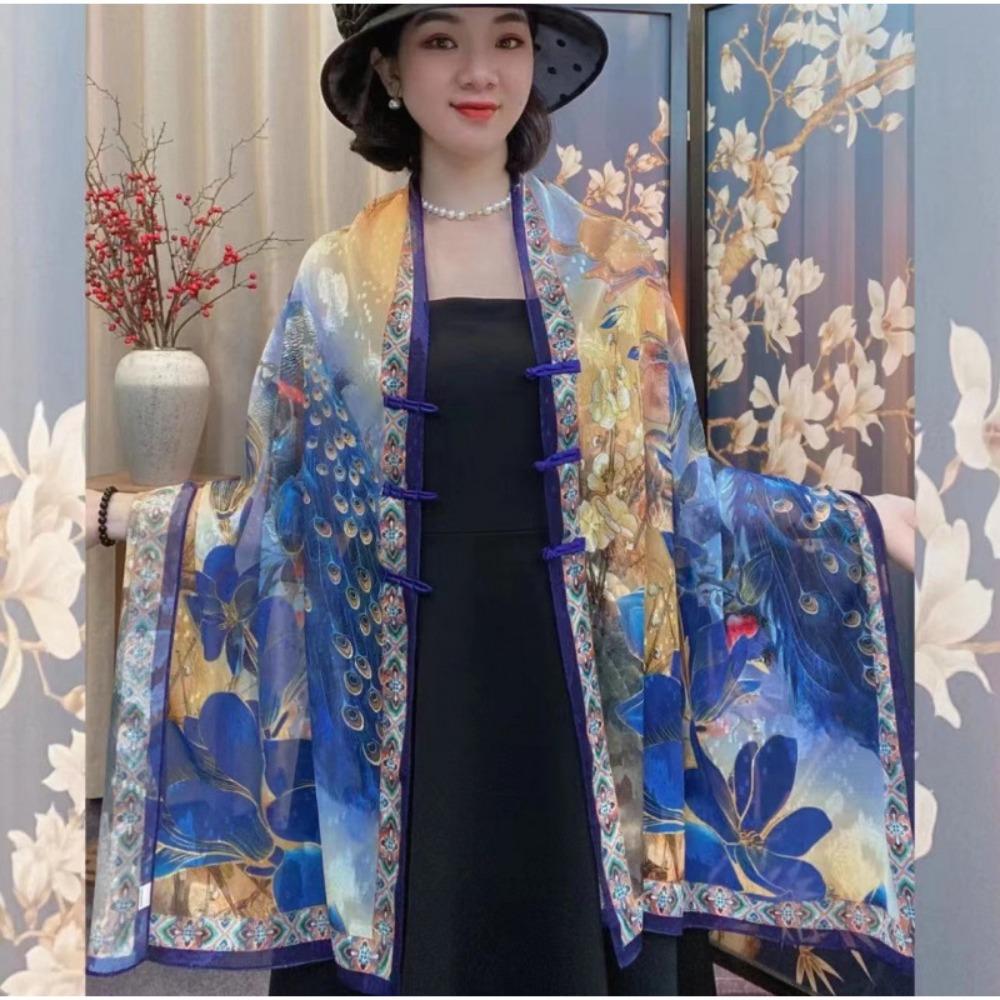 

Retro Style Buckle Printed Shawl Flower Travel Photography Scarf Elegant Lady Silk Scarf Outdoor Style 3