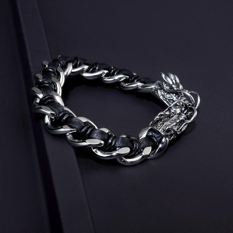 Stainless Steel Dragon Head Double Clasp Bracelet Men Hip Hop Style Braided Leather Band