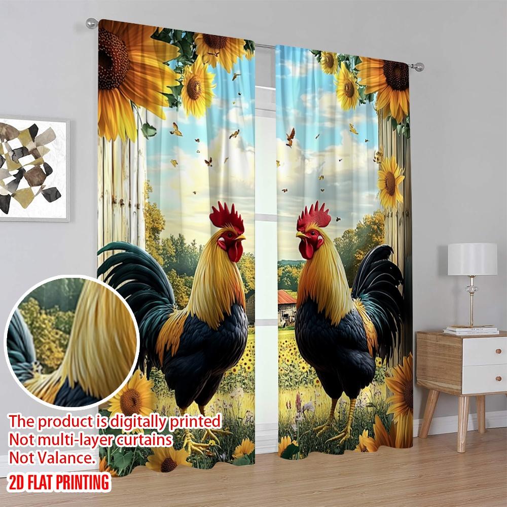 2Pcs Farmhouse Style Curtains Chicken And Sunflower Print Rod Pocket Window Treatments Rustic Drapes Design For Privacy