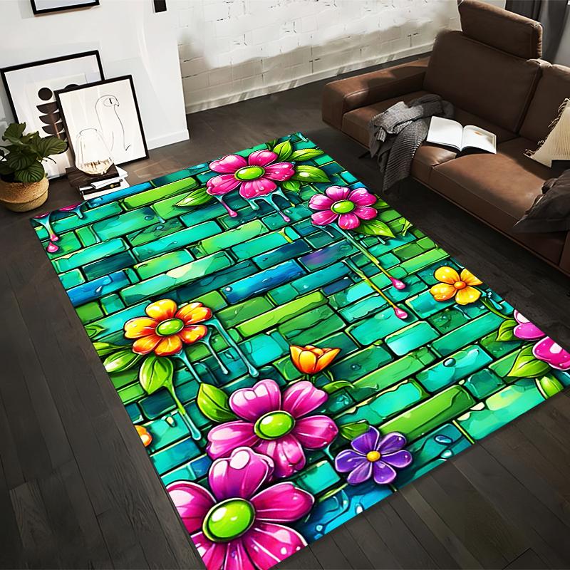 

Colorful Floral Cartoon Rug with Green Brick Background, 3D Design. Suitable for use as an anti-slip for living room bedroom sofas 40x60cm( 15x23in )