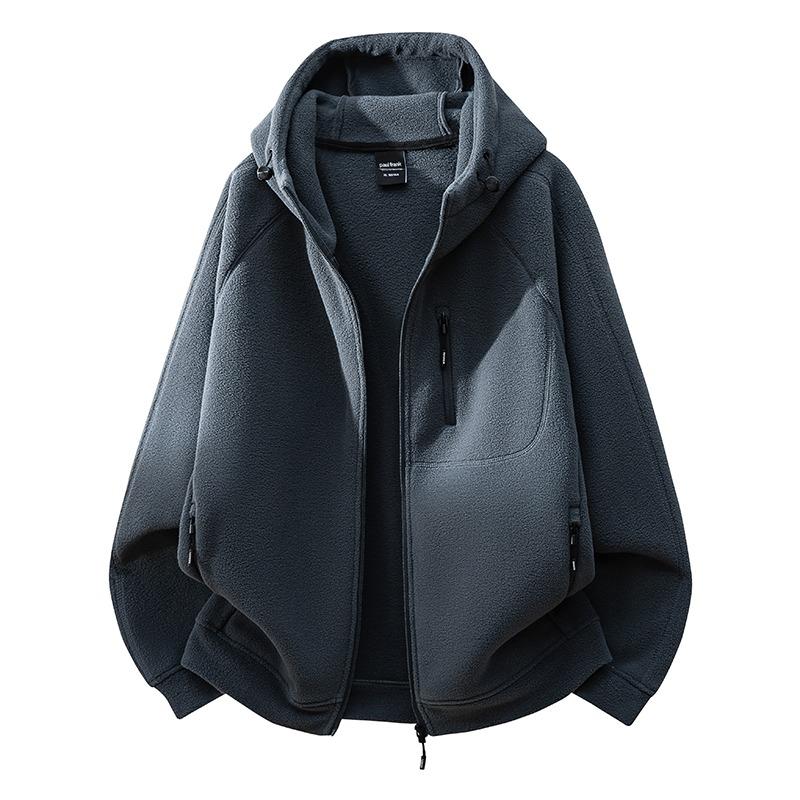 Unisex Khaki Fleece Hooded Jacket Full-Zip Warm Outdoor Sweatshirt Cardigan