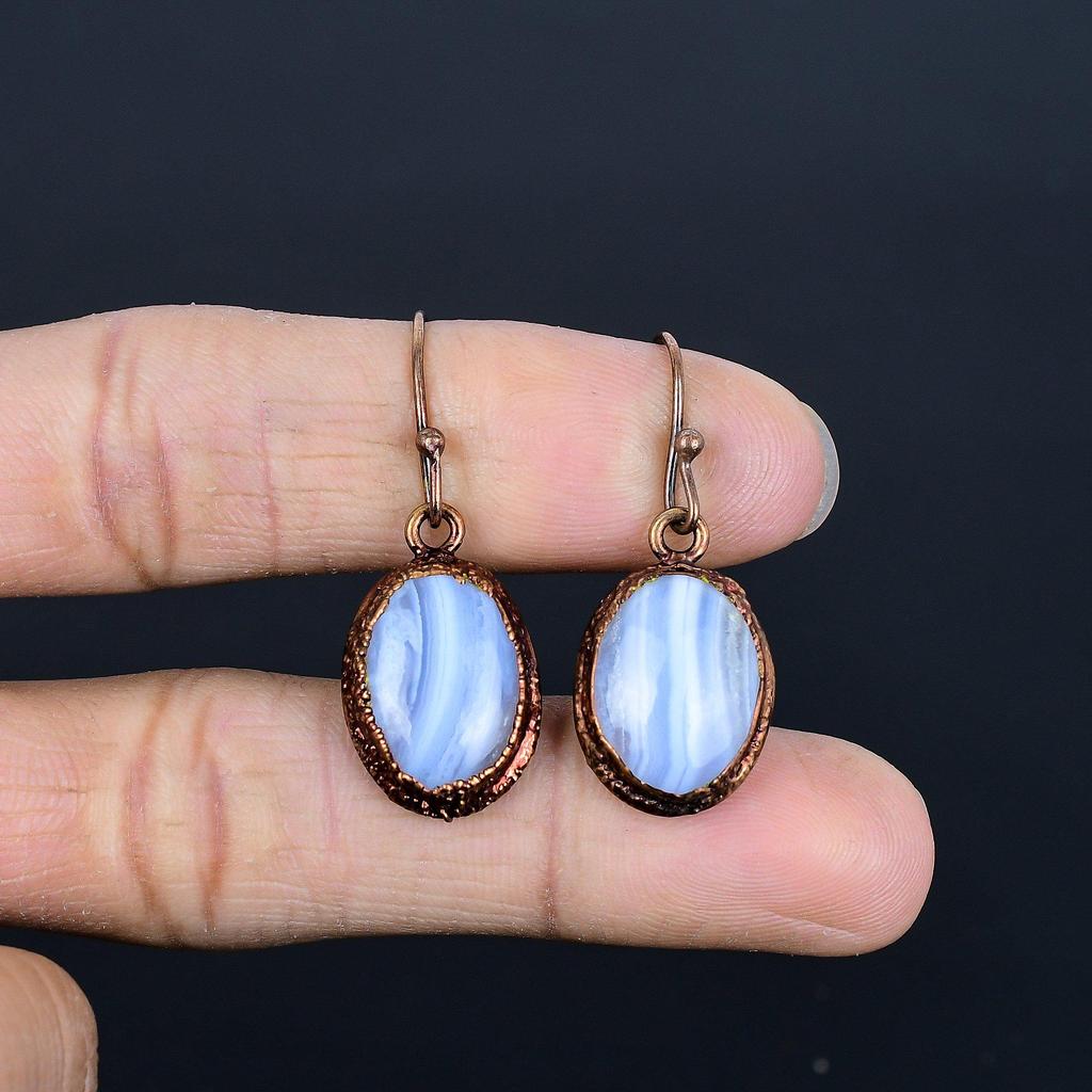 Blue Lace Agate Handmade Gemstone Earrings, Copper Electroformed Earrings Antique Jewelry, Earrings For Engagement Gift