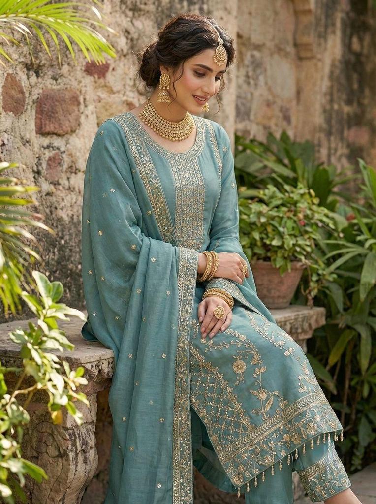 Beautiful Embroidered Gmy Silk Salwar Suit Palazzo Set Indian Women Bollywood Salwar Kameez