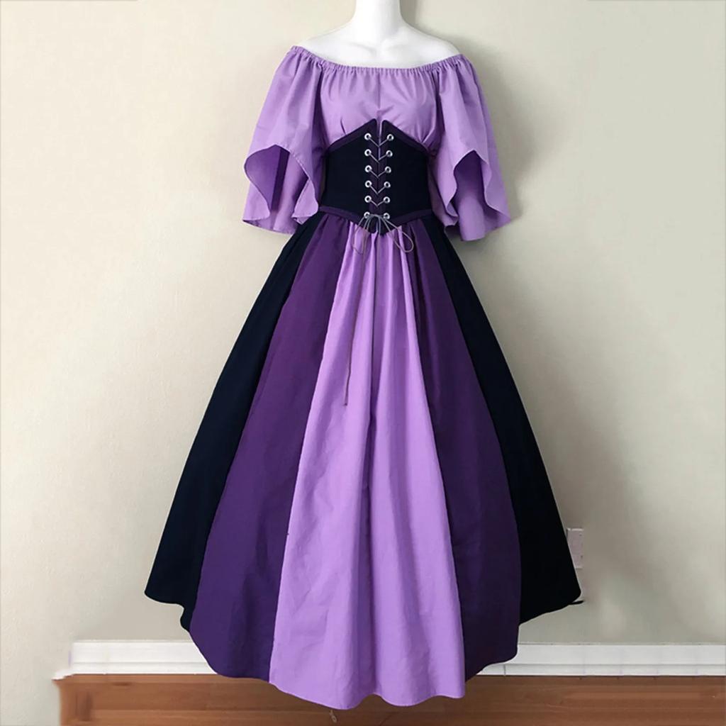 Halloween Costumes for Women Medieval Retro Contrasting Color Slim Swing Dress One-word Shoulder Dress Love Live Cosplay