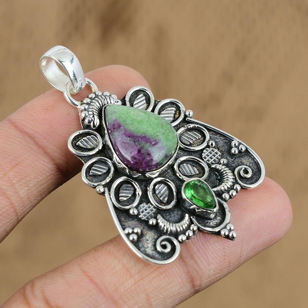 Natural Ruby Zoisite Gemstone Pendant 925 Sterling Silver Indian Jewelry