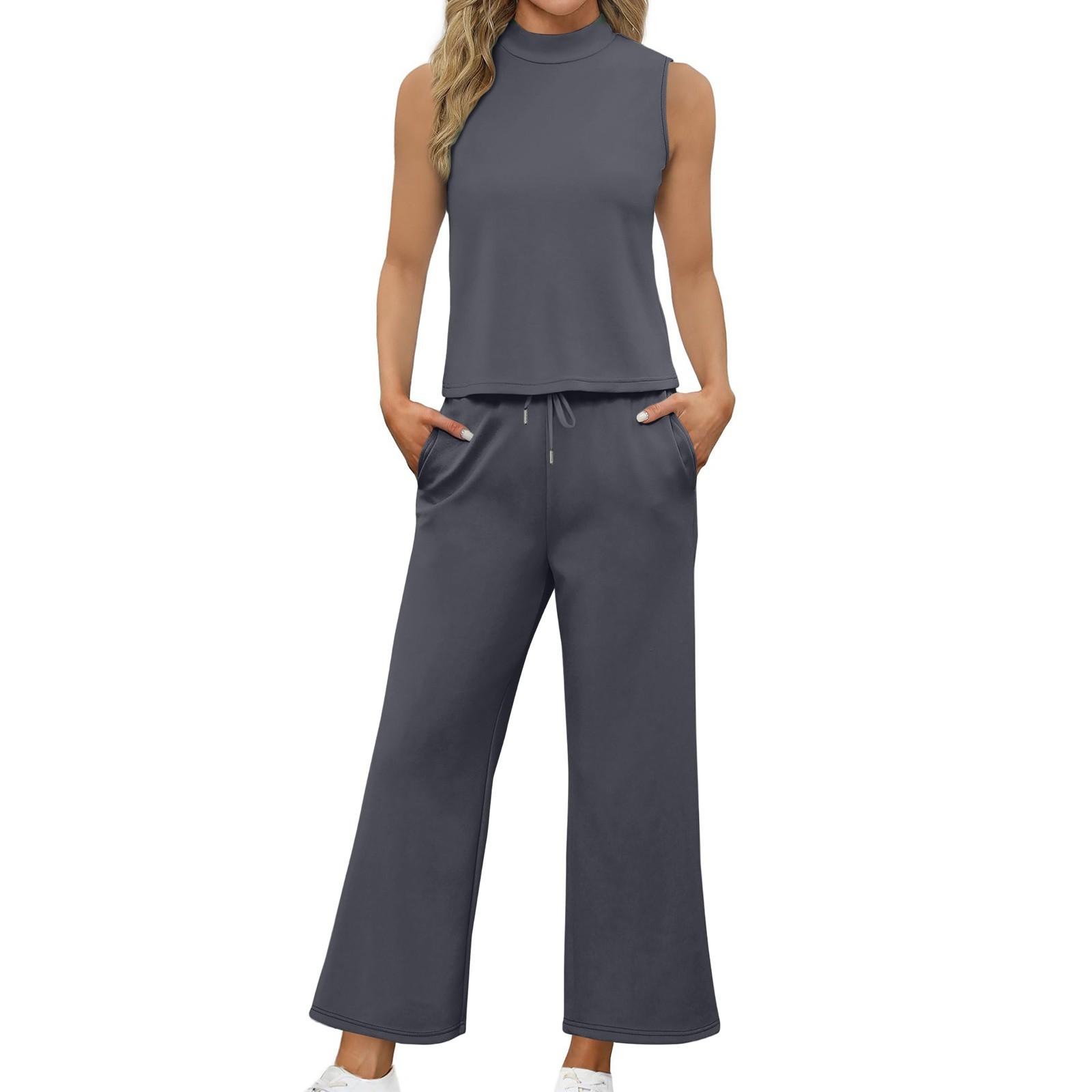 

Женский повседневный модный комплект без рукавов с широкими свободными брюками и высоким воротом L