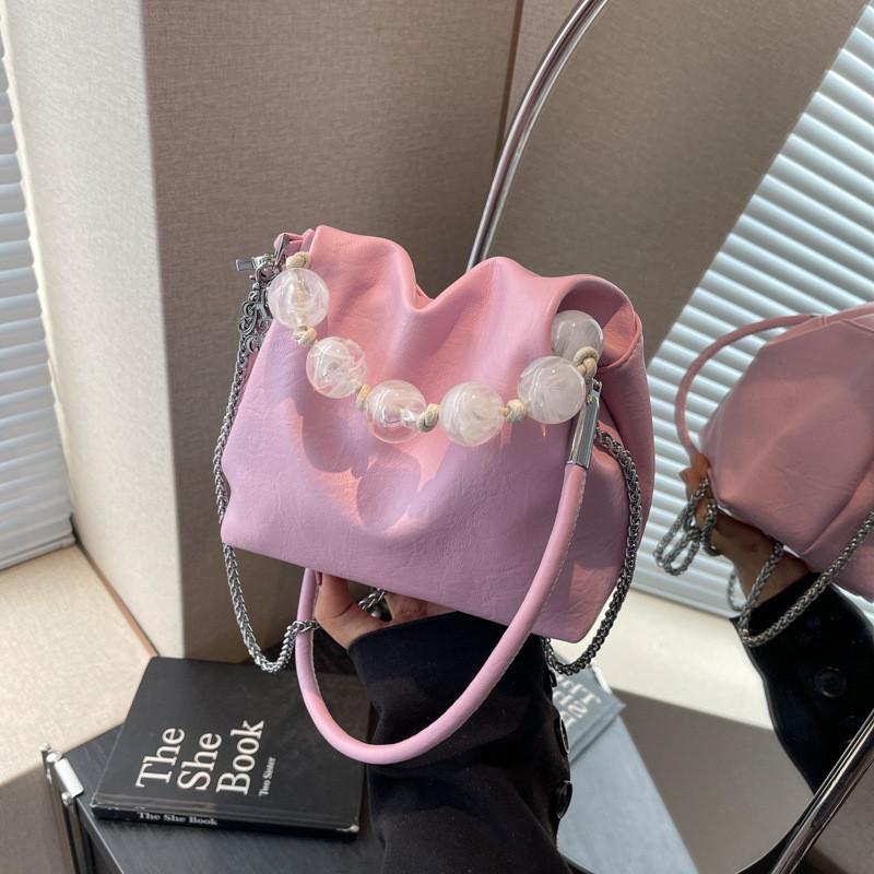 2024 New Contrast Color Chic Ruched Handbag Beaded Chain Bag Street Style Trendy Bucket Bag