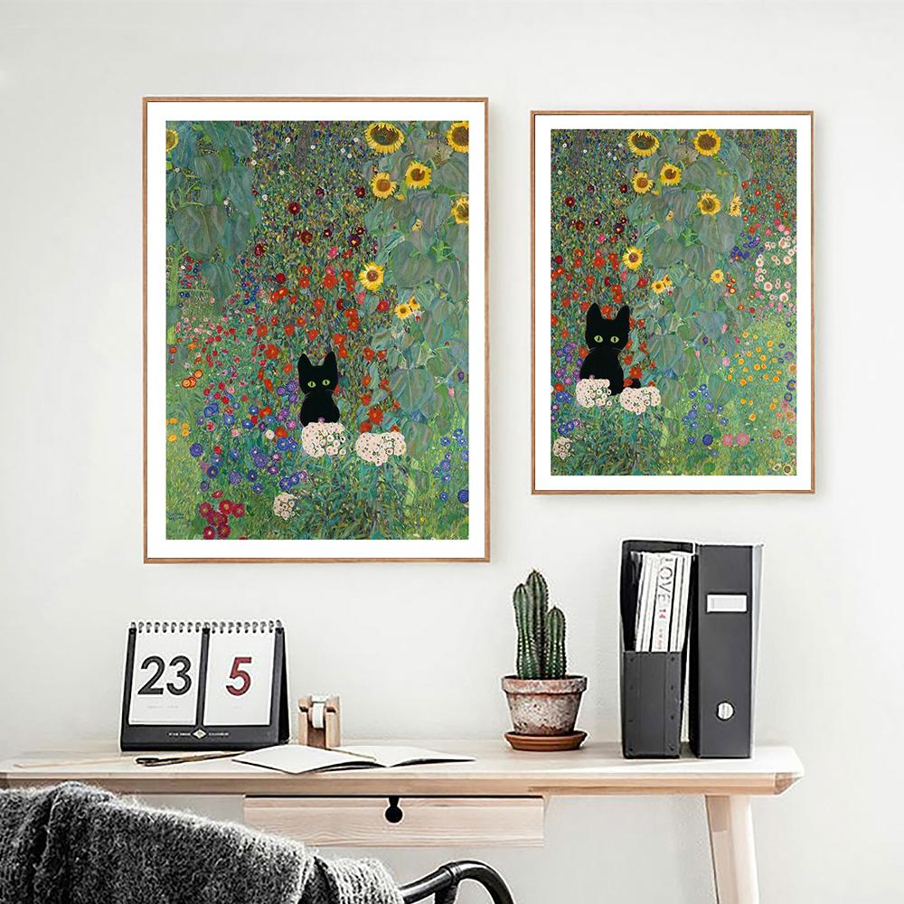Gustav Klimt Farm Garden With Sunflowers And A Black Cat Art Print Vinatge Matise Abstract Canvas Painting Home Decor Poster