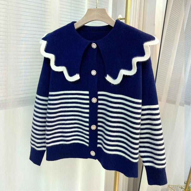 Sweet Doll Neck Striped Knitted Cardigan Five Colors for Warm and Fresh External Cute and Trendy Sweater Cardigan Female Tops