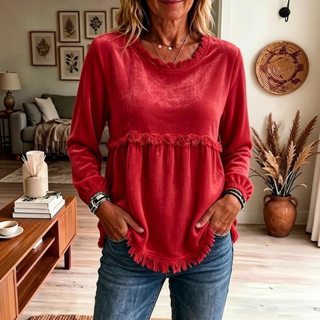 Womens Loose Fit Long Sleeve Top with Lace Trim Stitching Solid Color Casual Blouse Lightweight Comfortable Pullover Shirt