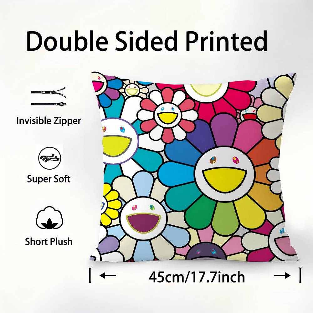 Design Art Kawaii Flowers Pillow Case Square Double‑Sided Print Cushion Case For Sofa Home Bedchamber Decor Gift
