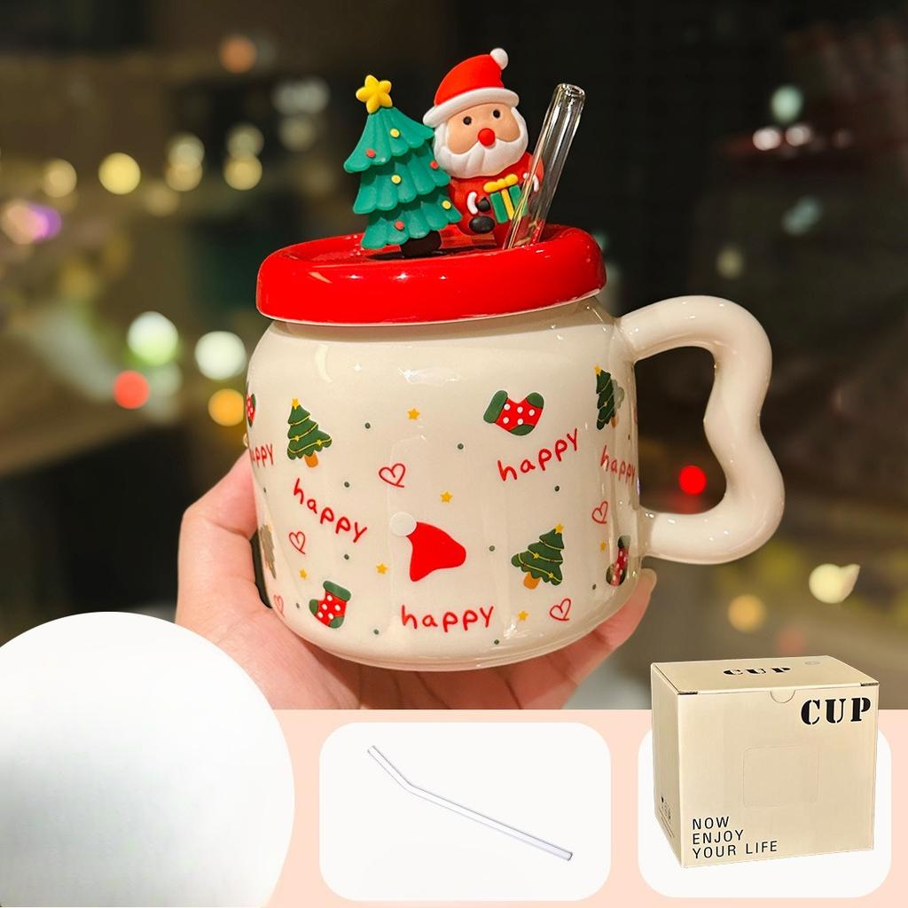 Cute Cartoon Santa Claus Ceramic Mug with Lid High Looking Straw Cup Christmas Gift Souvenir