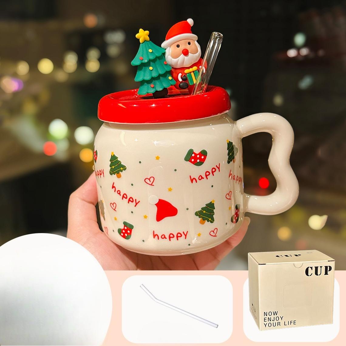 Cute Cartoon Santa Claus Ceramic Mug with Lid High Looking Straw Cup Christmas Gift Souvenir 450ml