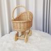 Stroller Shaped Flower Basket Rattan Woven Candy Basket with Handle Portable Decorative Rustic Basket with Wheels for Weddings Baby Showers