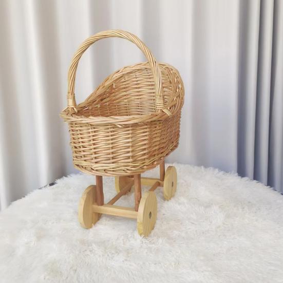 Stroller Shaped Flower Basket Rattan Woven Candy Basket with Handle Portable Decorative Rustic Basket with Wheels for Weddings Baby Showers