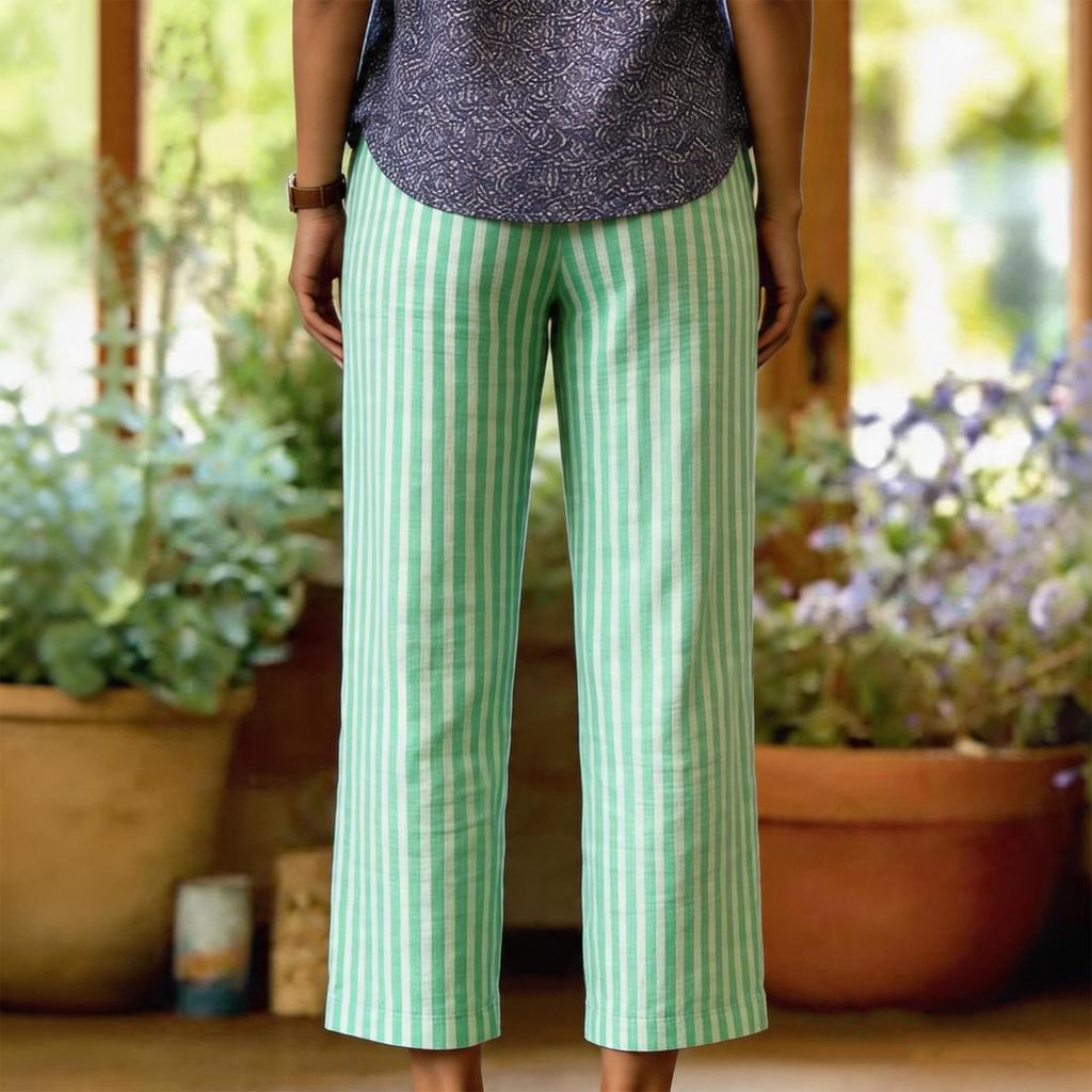 Women’s Striped Straight Leg Trousers Casual Loose Fit Elastic Waistband Lightweight Breathable Fabric Pants with Pockets