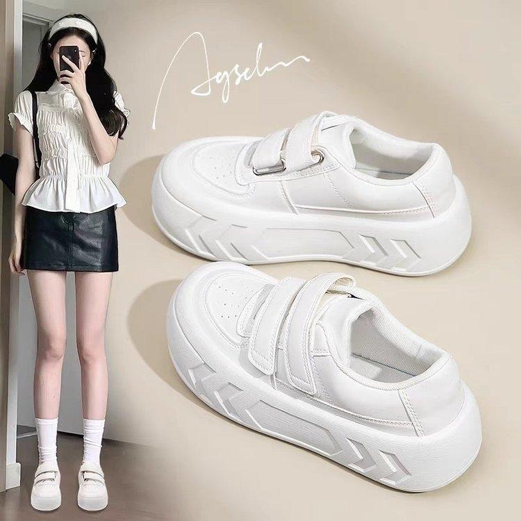 2025 Foreign Trade New INS Trendy Shoes Leather Surface Women's Shoes Women's Thick Sole Heightening Student Shoes White Shoes Velcro