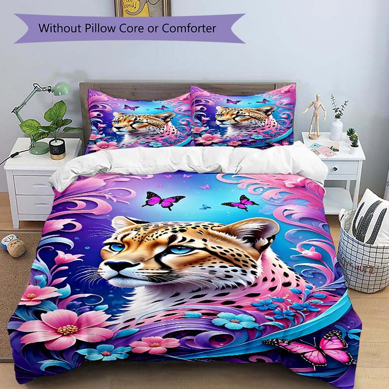 3pcs Cheetah Art Print Bedding Set - 1 Duvet Cover + 2 Pillowcases(Core Not Included), Machine Washable Polyester Yy251216184