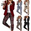 Long-sleeved Coat And Trousers Set 2 Pcs/Set Lady Formal Pants Turn-down Collar Plaid Print Long