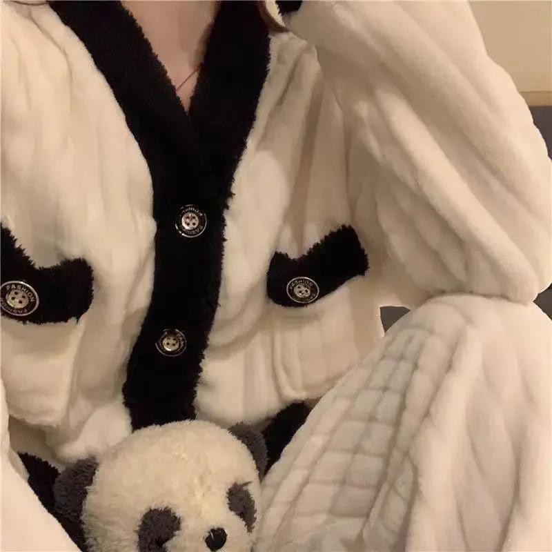 

Пижама женская осенне-зимняя домашняя одежда плюс утолщенный коралловый бархат теплая домашняя одежда костюм с V-образным вырезом домашняя одежда 2XL