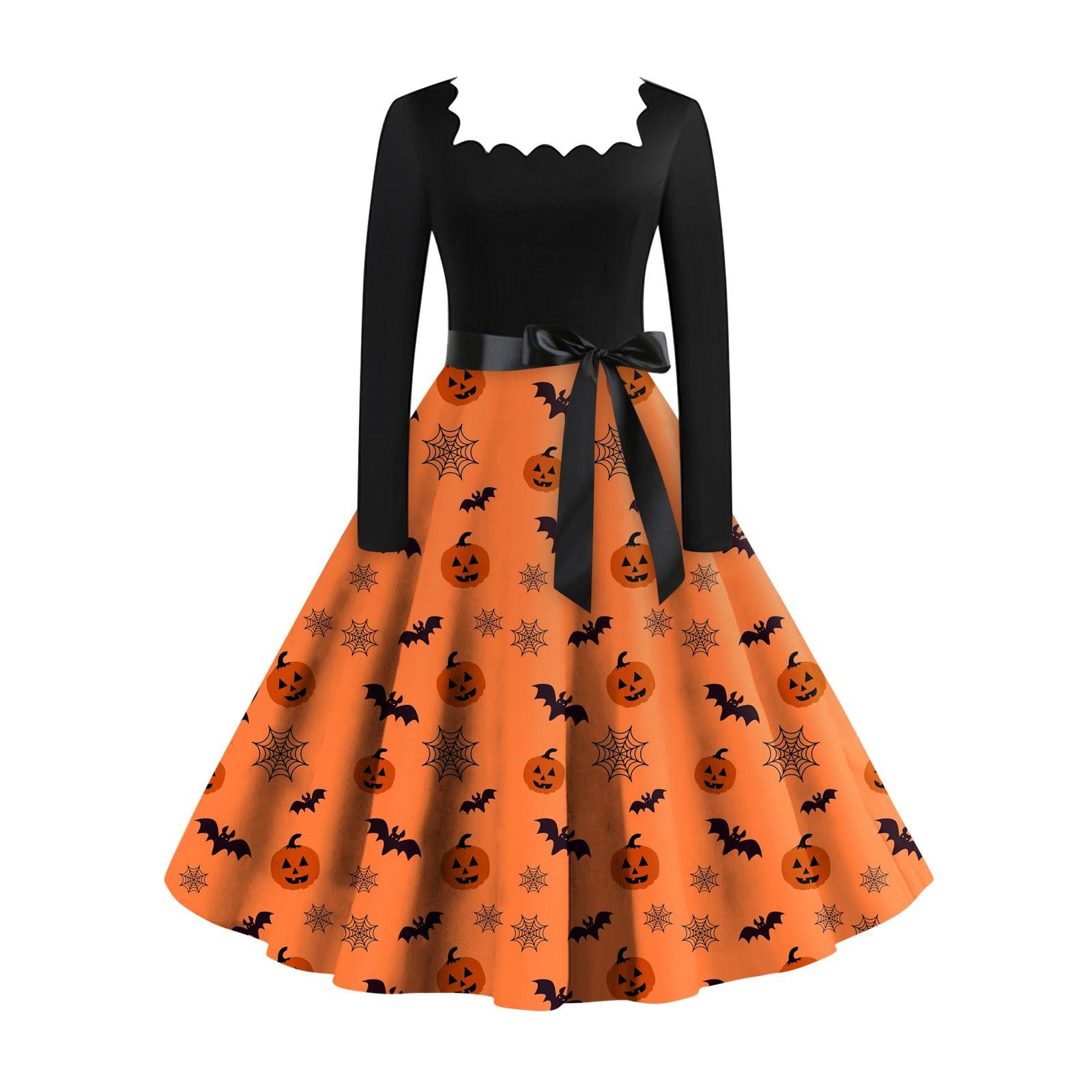 

Женское повседневное модное винтажное платье с длинным рукавом и принтом на Хэллоуин XL оранжевый