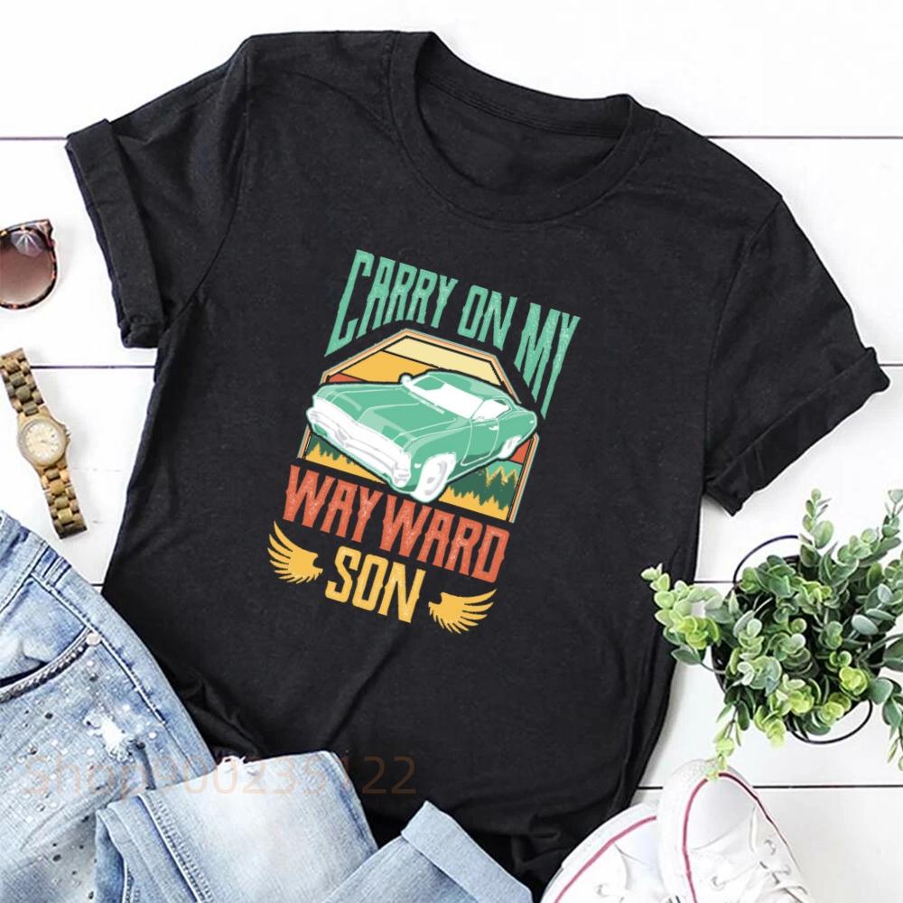 Carry on My Wayward Son Vintage Topper Supernatural T-skjorte Trykk Svart T-skjorte Estetisk Dame T-skjorte Retro Grafiske T-skjorter