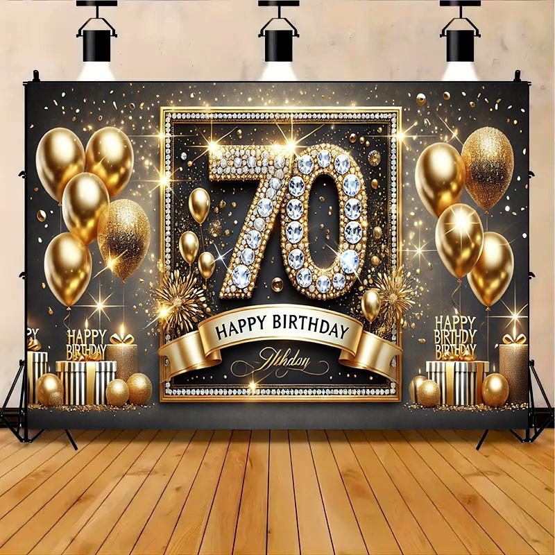 Ein luxuriöses Polyester-Poster für den 70. Geburtstag in Gold und Schwarz: mit Luftballons, Konfetti und einem Alles Gute zum Geburtstag Design.