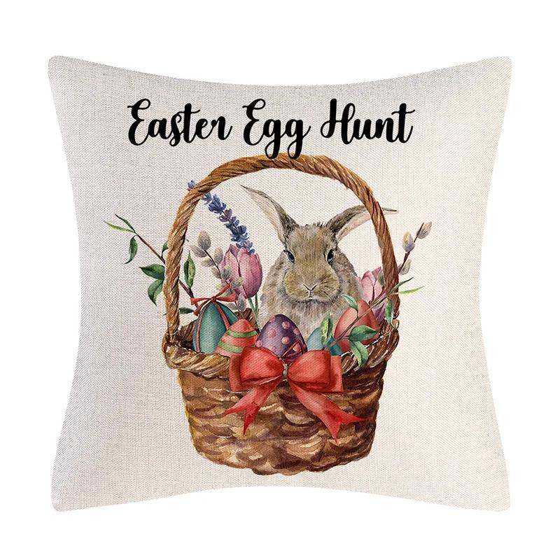 Happy Easter Cushion Cover Bunny Eggs Printed Pillow Cover Easter Rabbit Printed Pillowcase Home Decorative Throw Pillow Case