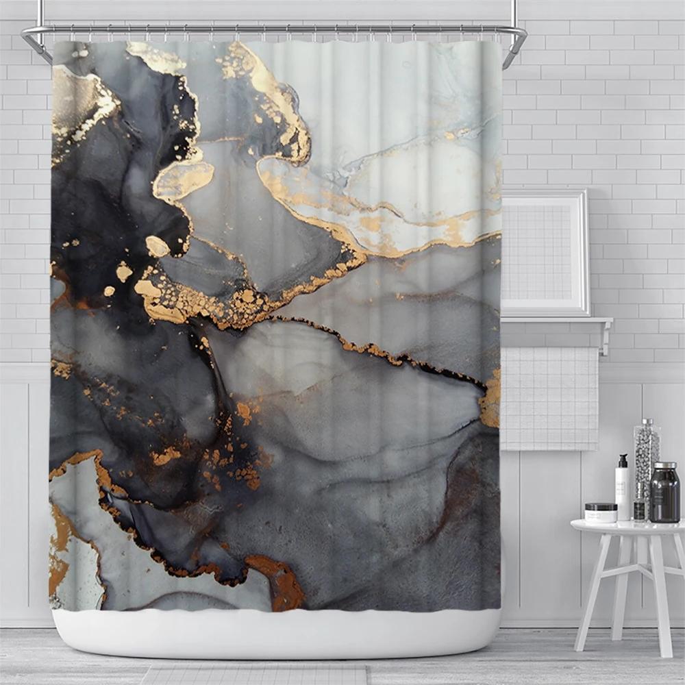 Abstract Navy Blue Gold Marble Shower Curtain Modern Luxury Golden Cracked Lines Fabric Bathroom Curtain Fashion Decor With Hook