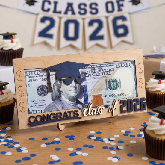 Graduation Money Holder, Class of 2026 Grad Card Gift Box, Wooden Cash Money Envelope Holder for High School College Graduates