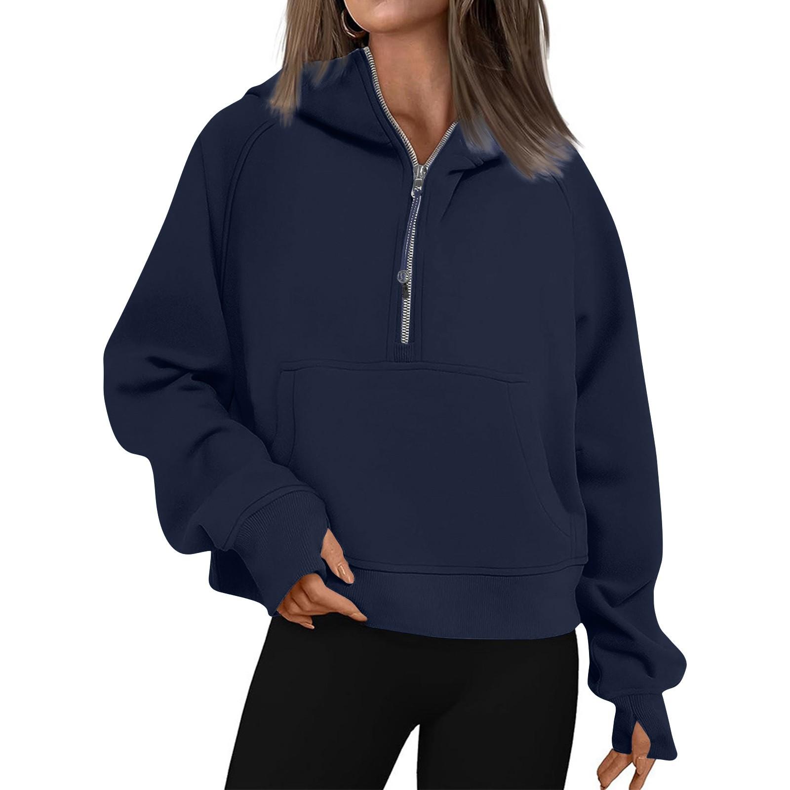 

Женские толстовки, однотонные свободные короткие карманы на молнии с отверстием для большого пальца, пуловер с длинными рукавами, толстовки S