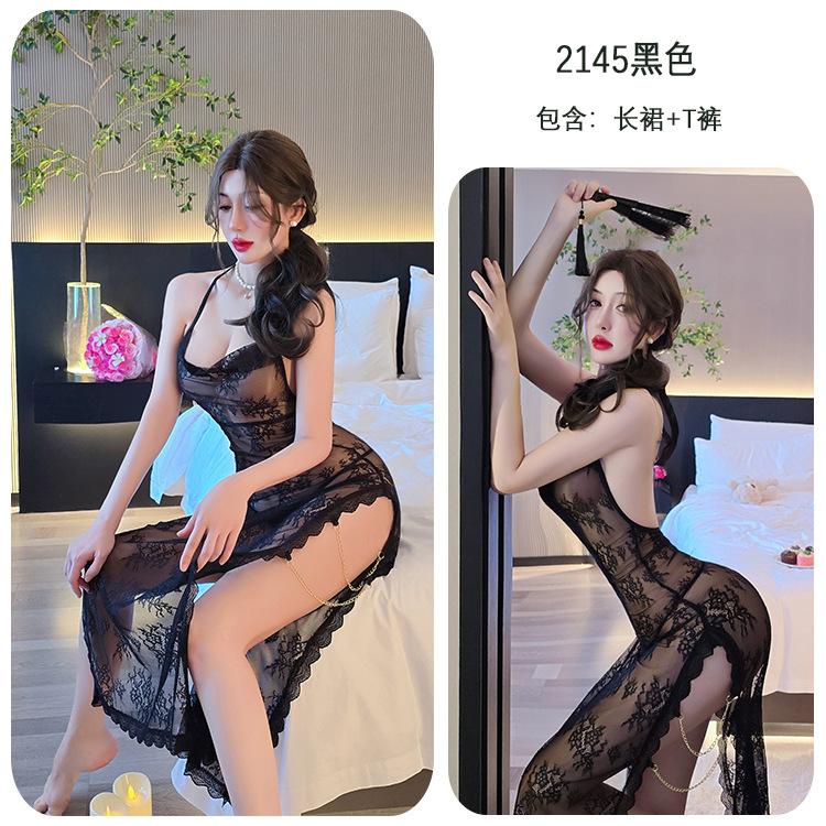 Sexy lingerie lace perspective split cheongsam sexy elegant nightdress uniform temptation