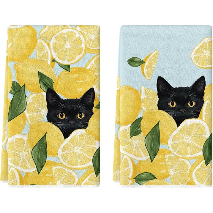 Artoid Mode Yellow Lemon Black Cat Summer Kitchen Towels Dish Towels, 18x26 Inch Leaves Farmhouse Summer Seasonal Decoration Hand Towels Set of 2