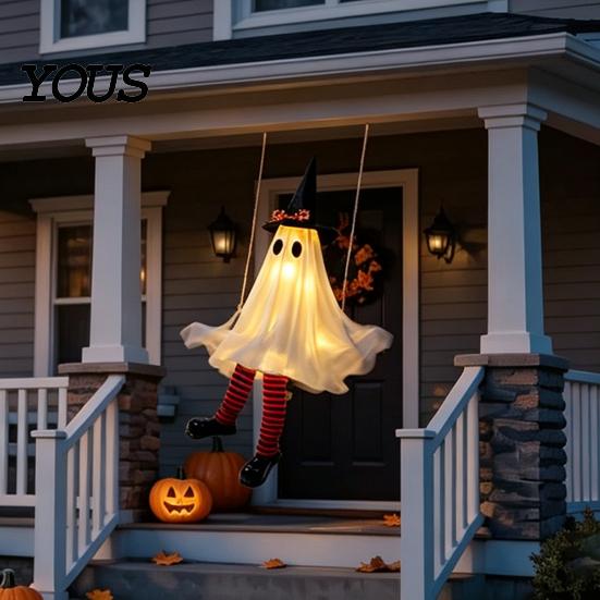 Einfach aufzubauen Halloween Geist Hängende Schaukel Dekoration, Leuchtend Große Schwingende mit Beleuchteter Veranda Dekor Hexenhut Und Gestreifte Beine für Hof Terrasse Garten