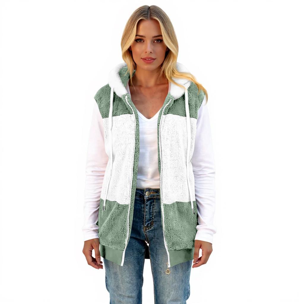 Women's Fashionable Plush Zipper Pocket Hooded Sleeveless Loose Warm Vest Jacket
