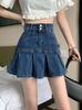 A word design sense retro high waist denim skirt women's new Spice Girl thin ruffle edge pleated skirt