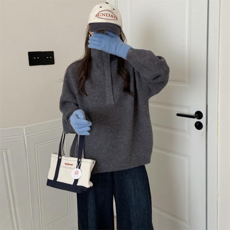 Design sense stand collar half zipper sweater women's autumn and winter new loose thick simple pullover knitted sweater top