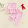 Baby Girl Summer Outfits Striped Bows Ruffled Hem Crew Neck Sleeveless Tank Tops and Pants 2 Pcs Set