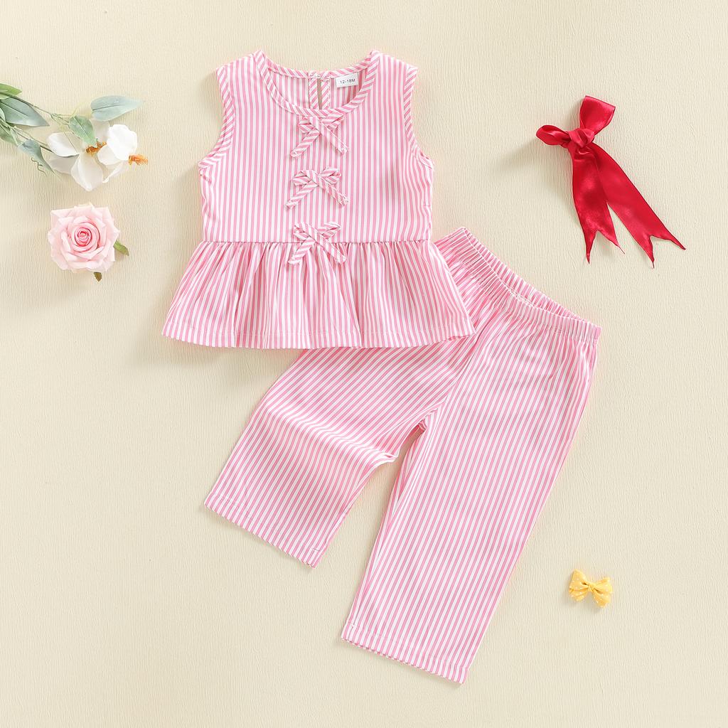 Baby Girl Summer Outfits Striped Bows Ruffled Hem Crew Neck Sleeveless Tank Tops and Pants 2 Pcs Set
