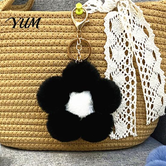 Aesthetic Handbag Pendant Plush Flower Keychain for Handbags, Five-petal Bag Charm, Women Fluffy Backpack Hanging Accessory Metal Key Chain