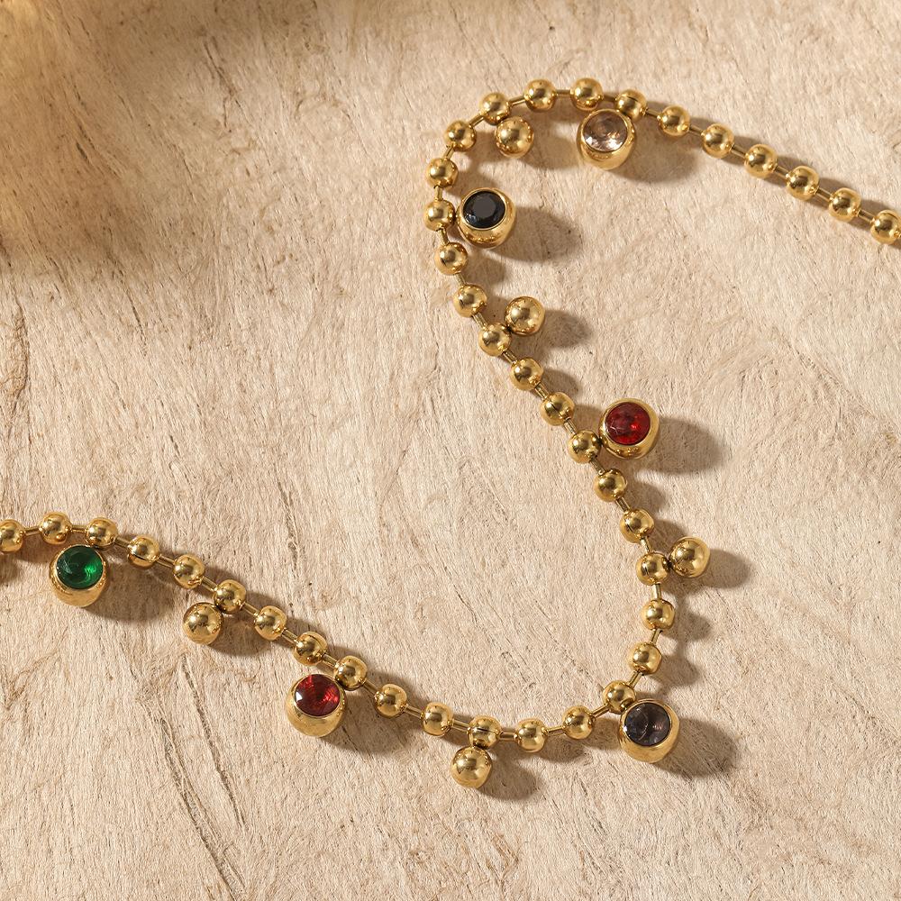 Vintage retro colored treasure small gold bead necklace French multi-color round zirconium round bead collarbone chain light luxury titanium steel