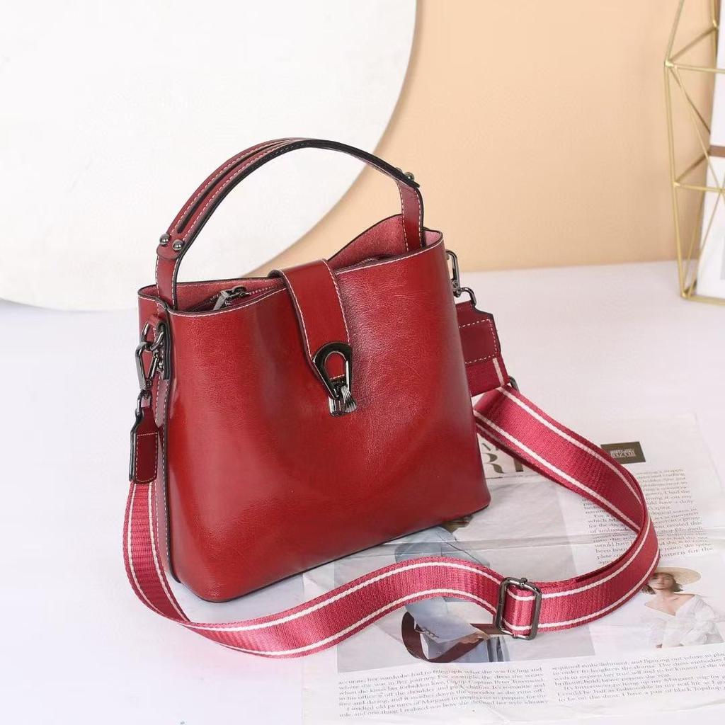 Korean Style Genuine Leather Double Strap Crossbody Bucket Bag