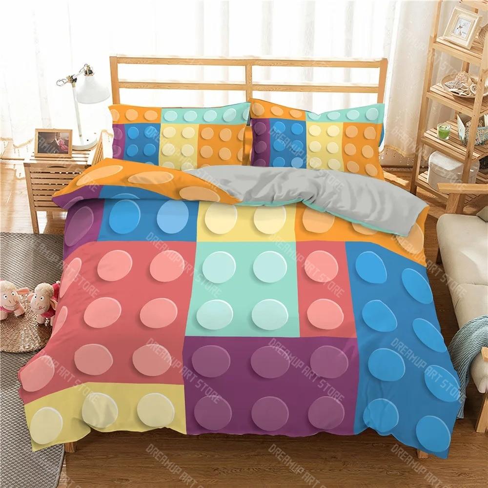 3D Building Block Pattern Duvet Cover Set Boys Girls Bedroom Fun Brick Printing Bedding Set Geometric Rectangle Comforter Cover