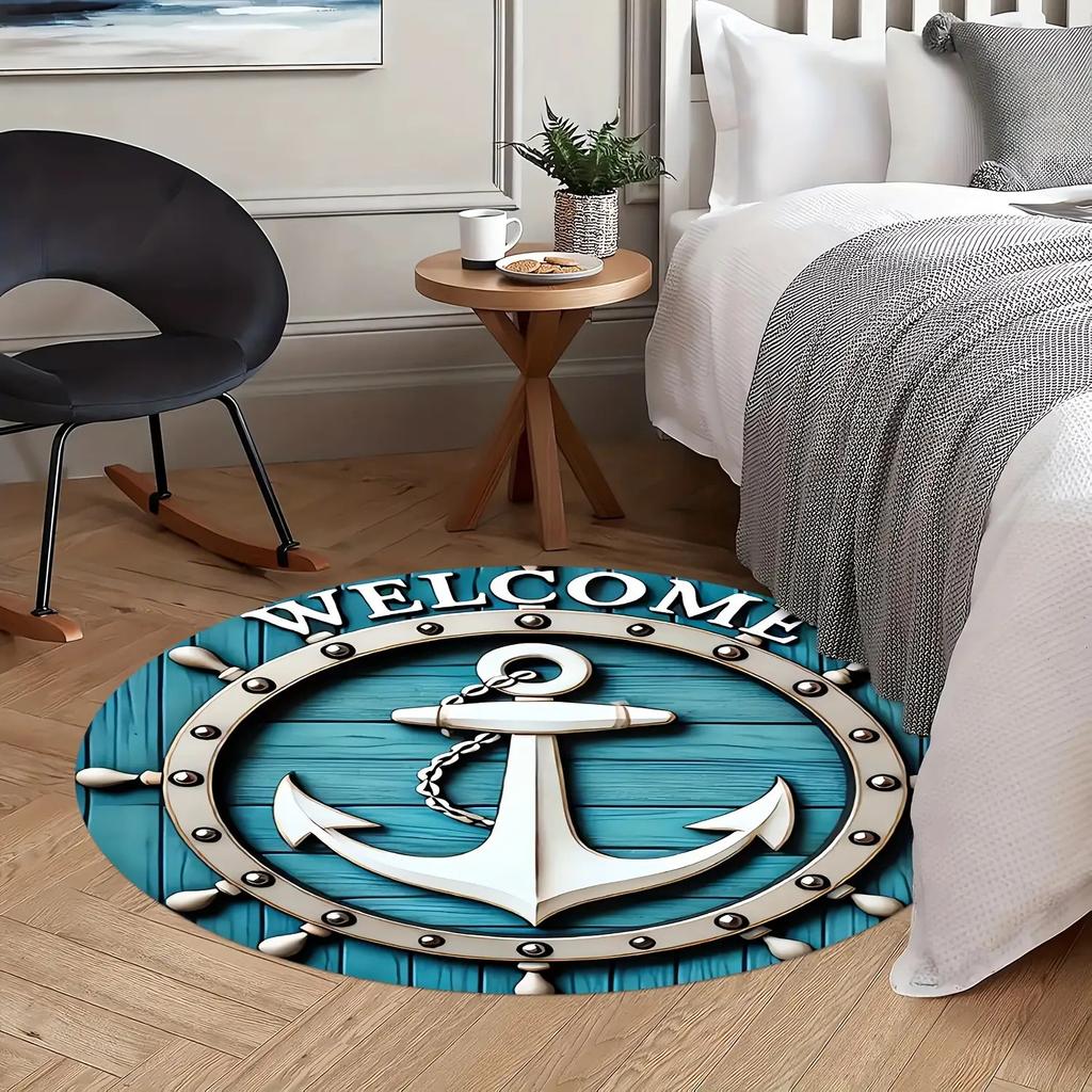 1pc Welcome Anchor Round Mat - 0, 47" Thick, Soft Texture, Blue & White Sea Design with Rope Chain, Non-Slip Rubber Backing, Mac