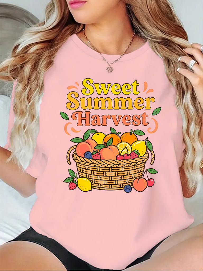 Sweet Summer Harvest Fruit Basket Peach Orange Strawberry Graphic Unisexs T Shirt Short Sleeve Crew Neck Casual Ladies Tee Tops
