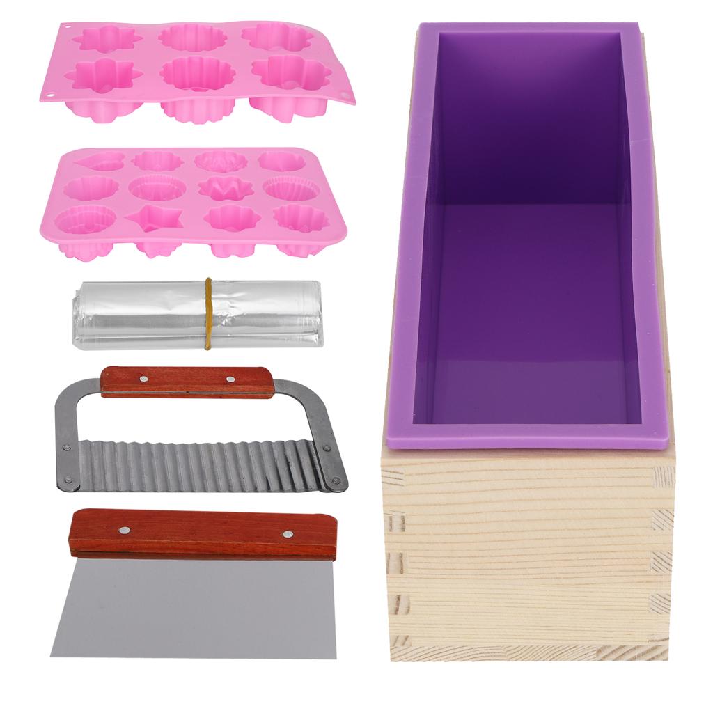 DIY Silicone Hand Made Soap Mold Set Wood Box Wavy Straight Cutter Molds Heat Shrinkage Film